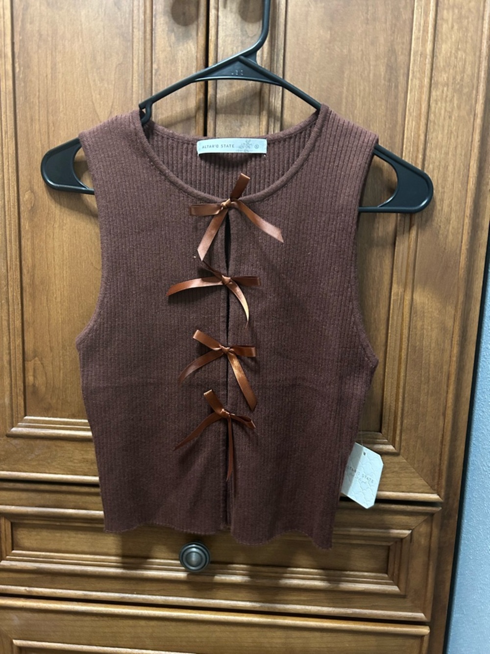 Altar'd State Brown Ribbon-Tie Sleeveless Ribbed Top